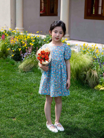 Girls Spring/Summer Casual Dress With Inserted Shoulders, Lantern Sleeves And Digital Printed Pattern
