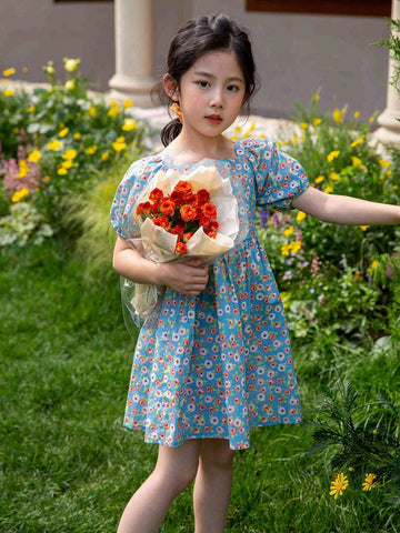 Girls Spring/Summer Casual Dress With Inserted Shoulders, Lantern Sleeves And Digital Printed Pattern