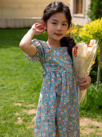 Girls Spring/Summer Casual Dress With Inserted Shoulders, Lantern Sleeves And Digital Printed Pattern