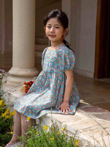 Girls Spring/Summer Casual Dress With Inserted Shoulders, Lantern Sleeves And Digital Printed Pattern
