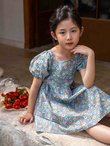 Girls Spring/Summer Casual Dress With Inserted Shoulders, Lantern Sleeves And Digital Printed Pattern