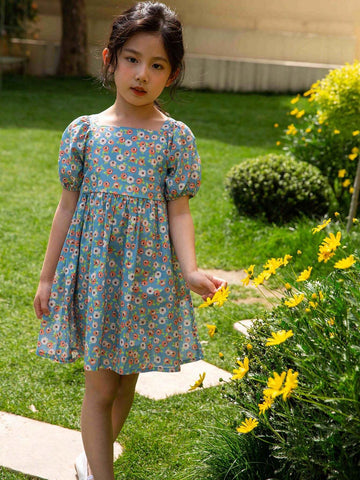 Girls Spring/Summer Casual Dress With Inserted Shoulders, Lantern Sleeves And Digital Printed Pattern