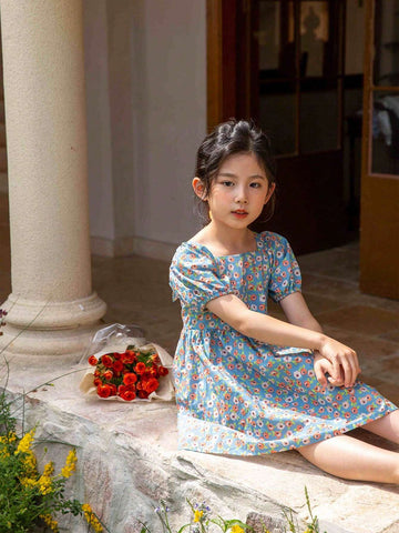 Girls Spring/Summer Casual Dress With Inserted Shoulders, Lantern Sleeves And Digital Printed Pattern