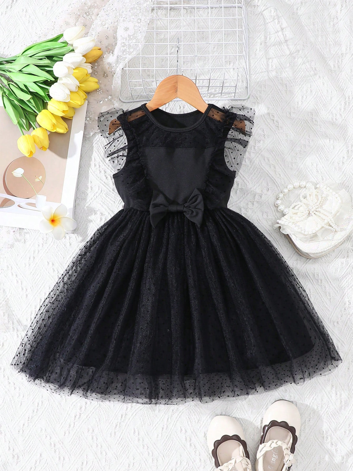 Girls Spring/Summer Casual Fashion Mesh Panel Ruffle Trim Round Dot Flocked Mesh Bow Decor Dress, For Holiday, Vacation, Party, Gift