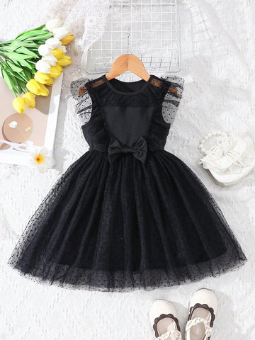 Girls Spring/Summer Casual Fashion Mesh Panel Ruffle Trim Round Dot Flocked Mesh Bow Decor Dress, For Holiday, Vacation, Party, Gift