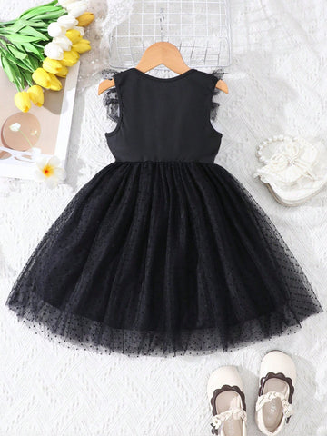 Girls Spring/Summer Casual Fashion Mesh Panel Ruffle Trim Round Dot Flocked Mesh Bow Decor Dress, For Holiday, Vacation, Party, Gift