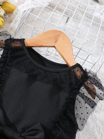 Girls Spring/Summer Casual Fashion Mesh Panel Ruffle Trim Round Dot Flocked Mesh Bow Decor Dress, For Holiday, Vacation, Party, Gift
