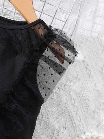 Girls Spring/Summer Casual Fashion Mesh Panel Ruffle Trim Round Dot Flocked Mesh Bow Decor Dress, For Holiday, Vacation, Party, Gift