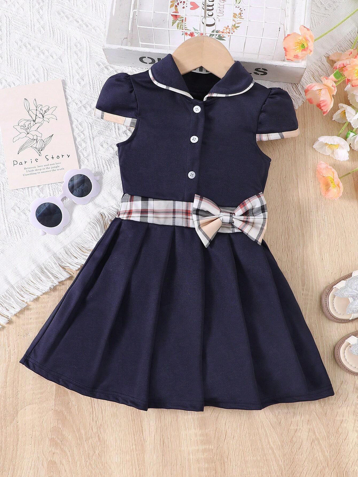 Girls' Spring/Summer College Style Peter Pan Collar Short Sleeve Dress For Kids