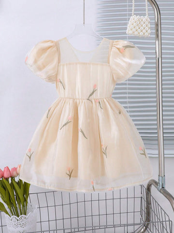 Girls' Spring/Summer Embroidered Puff Sleeve Dress With Glossy Fabric And Big Bowknot Back
