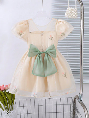 Girls' Spring/Summer Embroidered Puff Sleeve Dress With Glossy Fabric And Big Bowknot Back