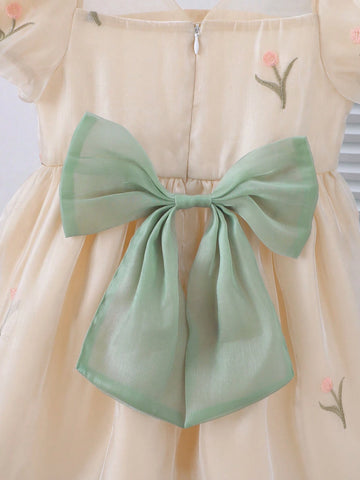 Girls' Spring/Summer Embroidered Puff Sleeve Dress With Glossy Fabric And Big Bowknot Back