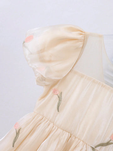 Girls' Spring/Summer Embroidered Puff Sleeve Dress With Glossy Fabric And Big Bowknot Back