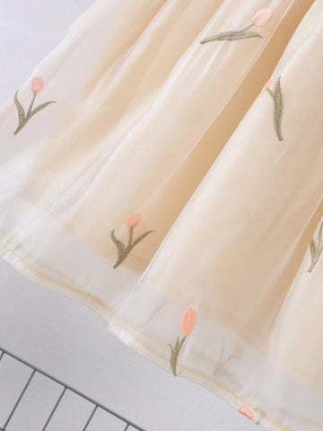 Girls' Spring/Summer Embroidered Puff Sleeve Dress With Glossy Fabric And Big Bowknot Back