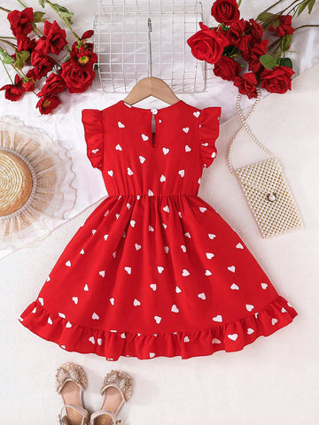 Girls' Spring/Summer Heart Print Cap Sleeve Elegant Romance Party Dress, Valentine's Day Collection