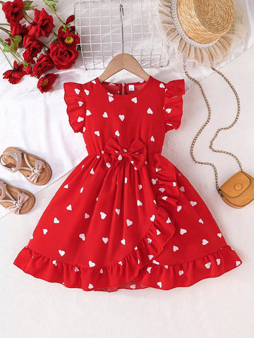 Girls' Spring/Summer Heart Print Cap Sleeve Elegant Romance Party Dress, Valentine's Day Collection