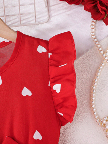 Girls' Spring/Summer Heart Print Cap Sleeve Elegant Romance Party Dress, Valentine's Day Collection