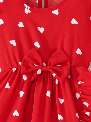 Girls' Spring/Summer Heart Print Cap Sleeve Elegant Romance Party Dress, Valentine's Day Collection