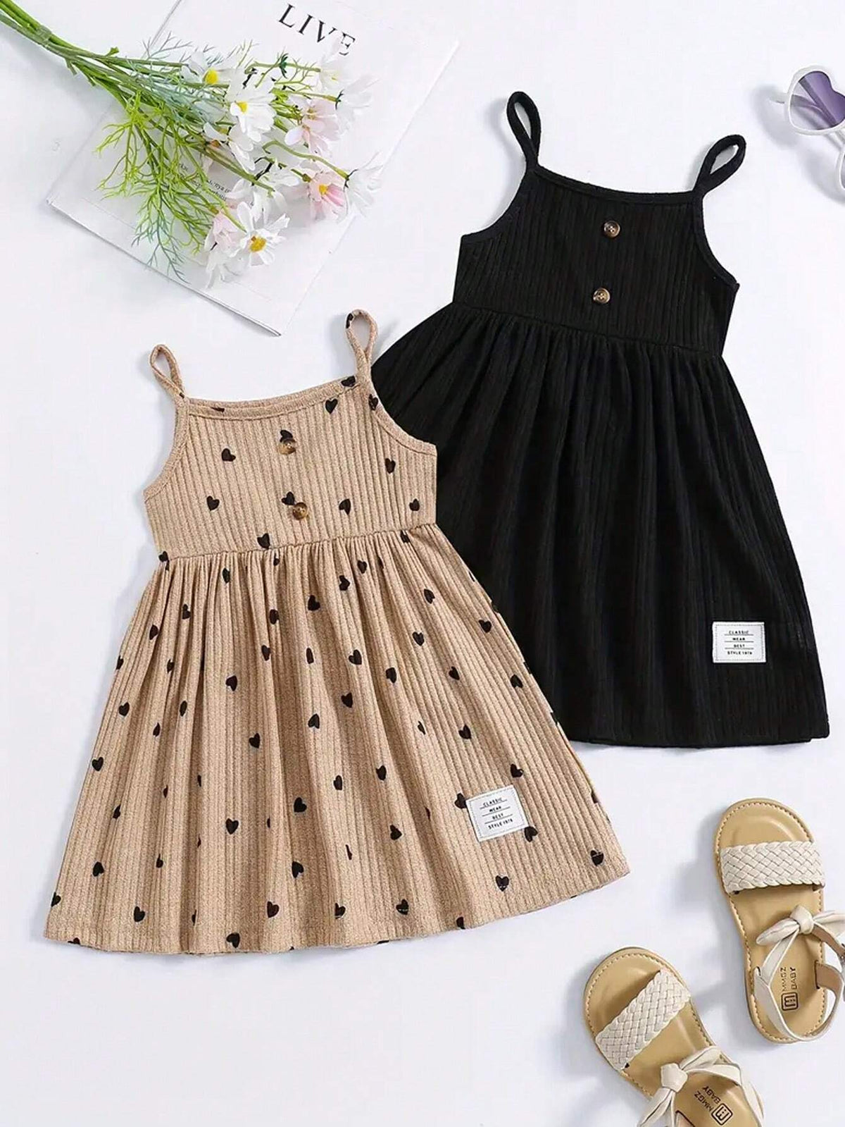 Girls' Spring 2pcs/Set Heart Print Spaghetti Strap Tops And Two Black Dresses