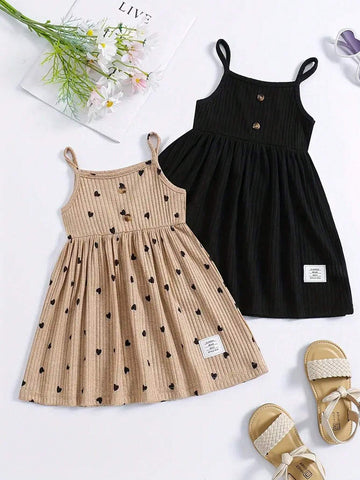 Girls' Spring 2pcs/Set Heart Print Spaghetti Strap Tops And Two Black Dresses