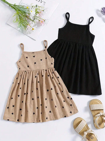 Girls' Spring 2pcs/Set Heart Print Spaghetti Strap Tops And Two Black Dresses
