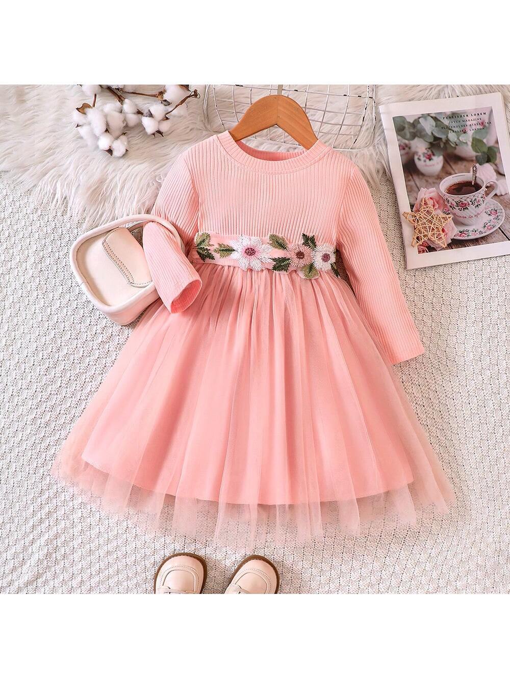 Girls' Spring Autumn Knitted Ribbed Contrast Mesh Casual Dress With Belt