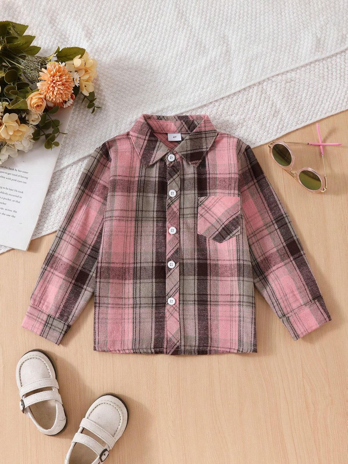 Girls' Spring Autumn Korean Style Fashionable Plaid Collared Shirt Outerwear