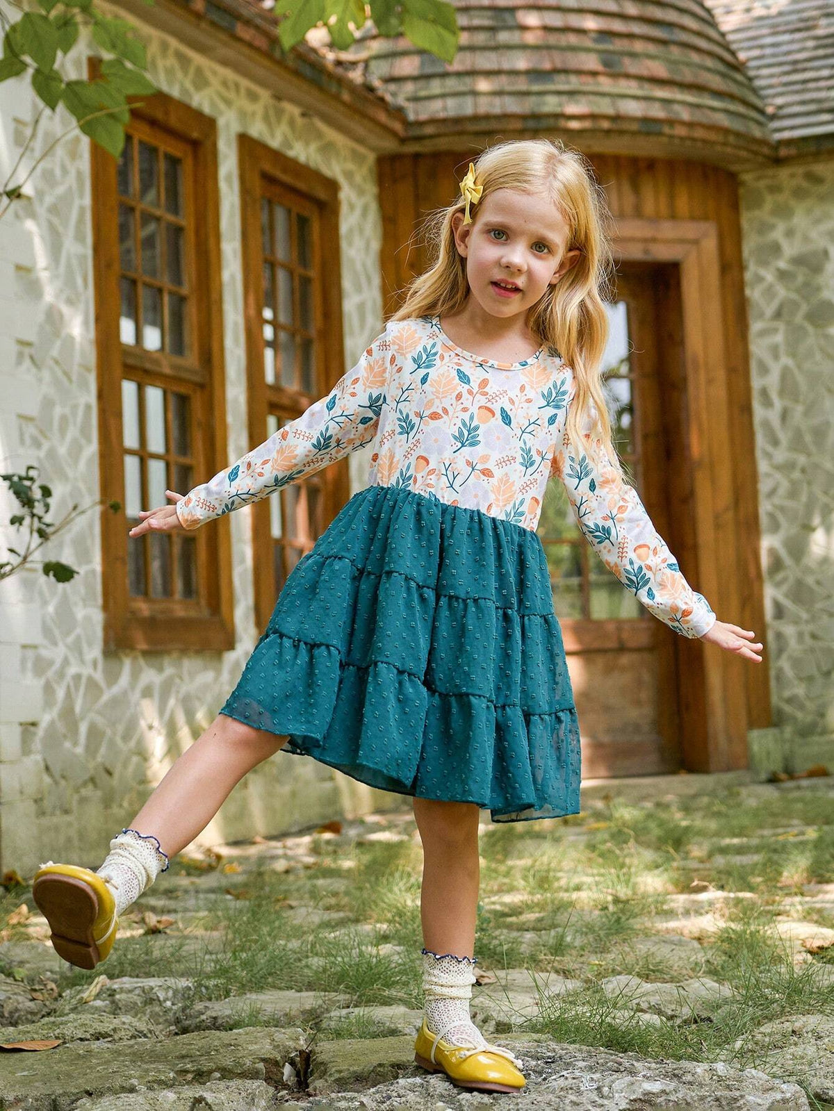 Girls Spring Autumn Long Sleeve Ditsy Floral Layered Princess Dress, Christmas/Birthday Party Tulle Dress