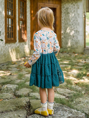 Girls Spring Autumn Long Sleeve Ditsy Floral Layered Princess Dress, Christmas/Birthday Party Tulle Dress