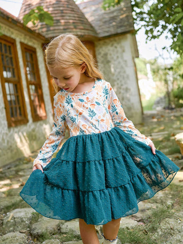 Girls Spring Autumn Long Sleeve Ditsy Floral Layered Princess Dress, Christmas/Birthday Party Tulle Dress