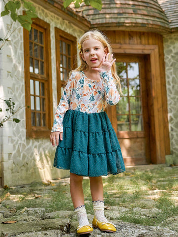 Girls Spring Autumn Long Sleeve Ditsy Floral Layered Princess Dress, Christmas/Birthday Party Tulle Dress