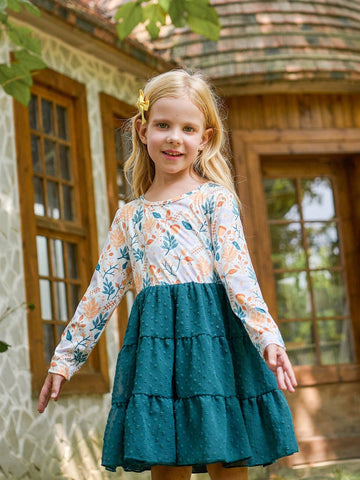 Girls Spring Autumn Long Sleeve Ditsy Floral Layered Princess Dress, Christmas/Birthday Party Tulle Dress