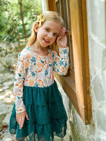 Girls Spring Autumn Long Sleeve Ditsy Floral Layered Princess Dress, Christmas/Birthday Party Tulle Dress