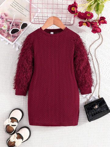 Girls Spring & Autumn Elegant Striped Fabric Simple Long Sleeve Dress, 4 To 7 Years Old