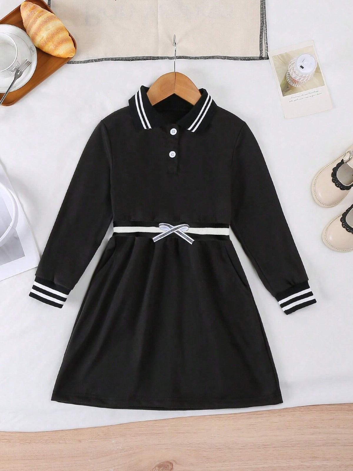 Girls Spring & Autumn Midi Dress, Casual College Style Cinched Waist Solid Color Polo Collar Dress For Toddler & Young Girl