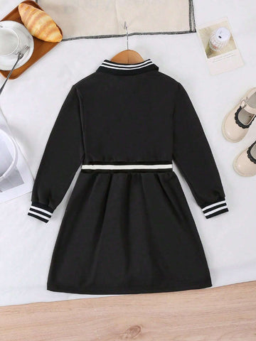 Girls Spring & Autumn Midi Dress, Casual College Style Cinched Waist Solid Color Polo Collar Dress For Toddler & Young Girl