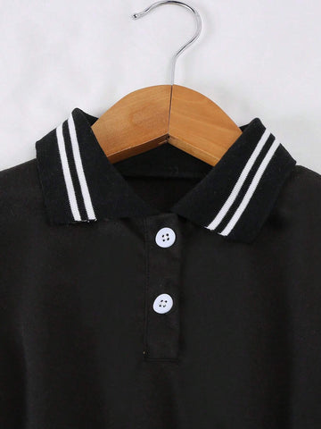 Girls Spring & Autumn Midi Dress, Casual College Style Cinched Waist Solid Color Polo Collar Dress For Toddler & Young Girl