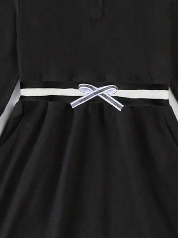 Girls Spring & Autumn Midi Dress, Casual College Style Cinched Waist Solid Color Polo Collar Dress For Toddler & Young Girl