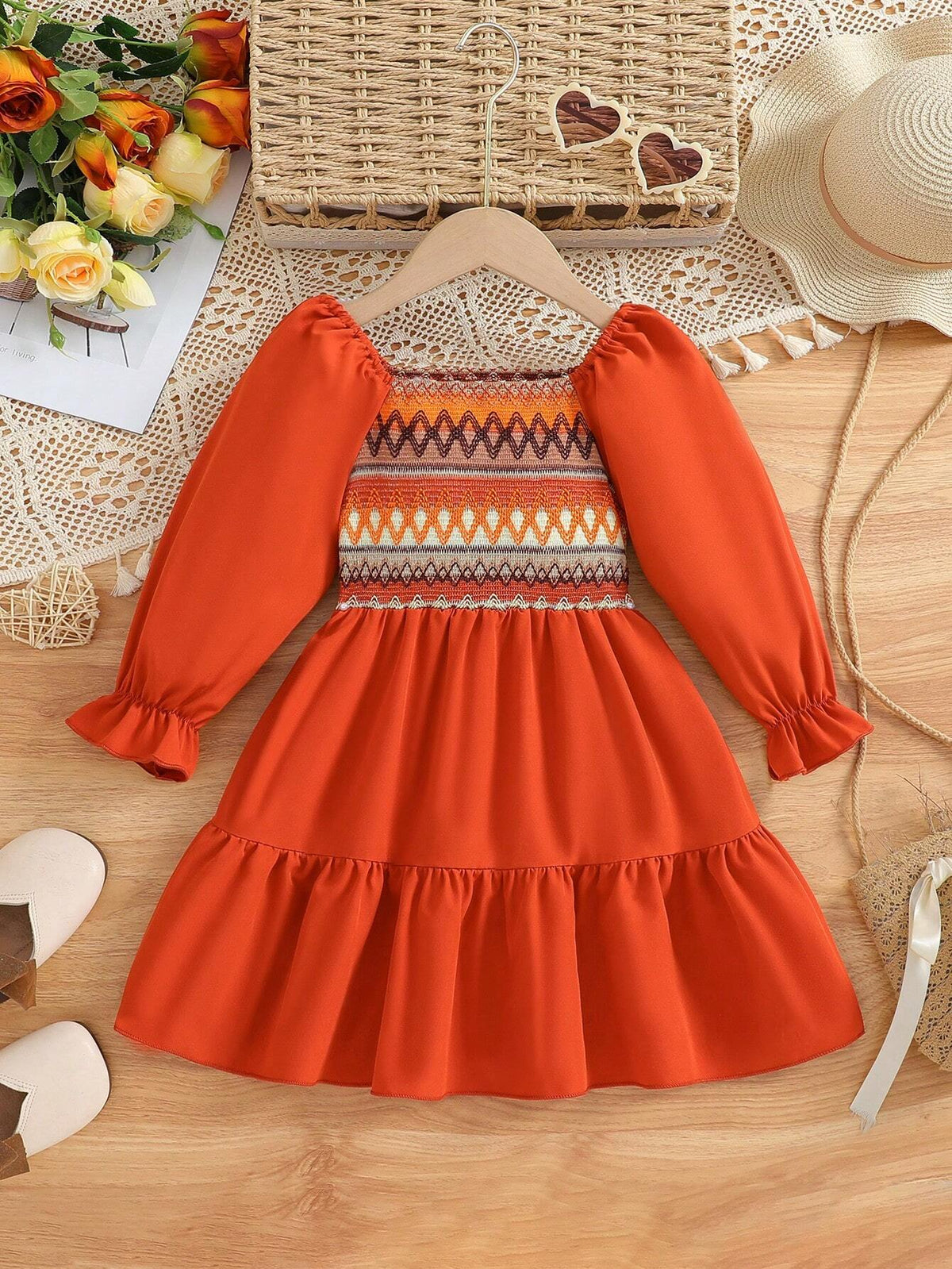 Girls Square Collar Long Sleeve Patchwork Jacquard Casual Holiday Dress (Random Print Pattern), Suitable For Spring & Autumn