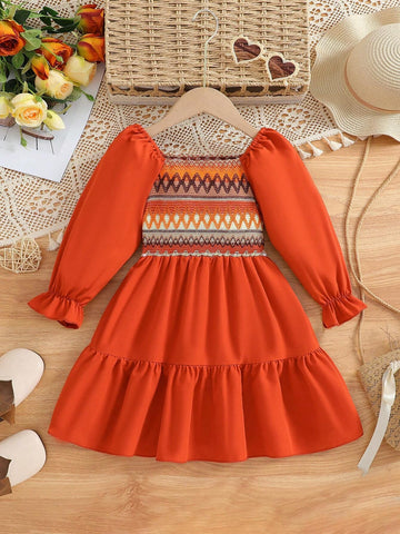 Girls Square Collar Long Sleeve Patchwork Jacquard Casual Holiday Dress (Random Print Pattern), Suitable For Spring & Autumn