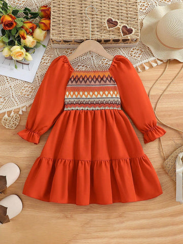 Girls Square Collar Long Sleeve Patchwork Jacquard Casual Holiday Dress (Random Print Pattern), Suitable For Spring & Autumn