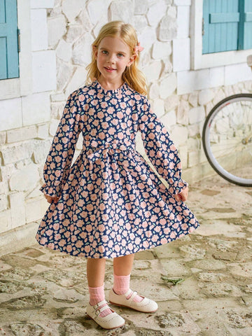 Girls Stand Collar Flock Print Long Sleeve Dress