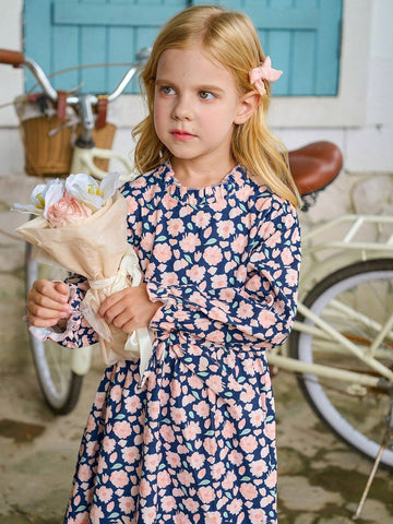 Girls Stand Collar Flock Print Long Sleeve Dress