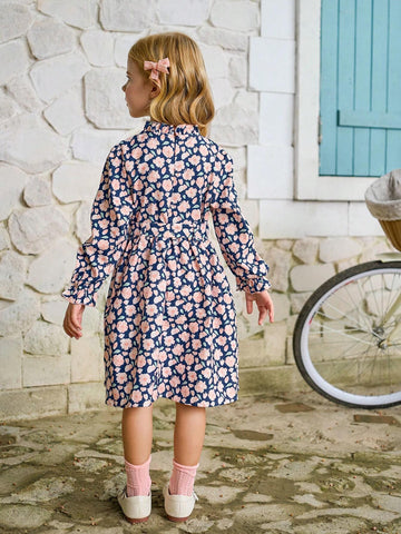 Girls Stand Collar Flock Print Long Sleeve Dress