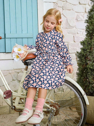 Girls Stand Collar Flock Print Long Sleeve Dress