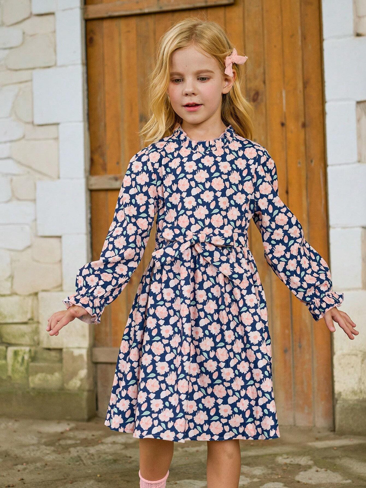 Girls Stand Collar Flock Print Long Sleeve Dress