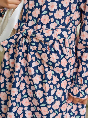 Girls Stand Collar Flock Print Long Sleeve Dress