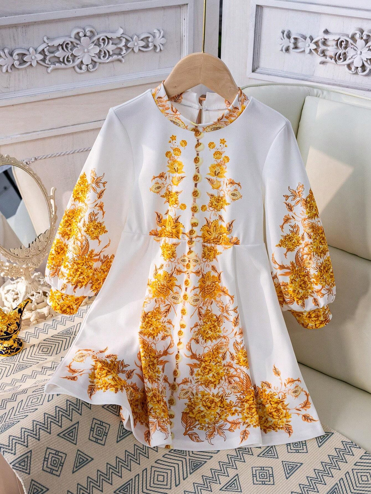 Girls' Stand Collar Lantern Sleeve Long Sleeve Dress With Waistband And Floral Print, Suitable For Festivals, Holidays, And Parties, Summer