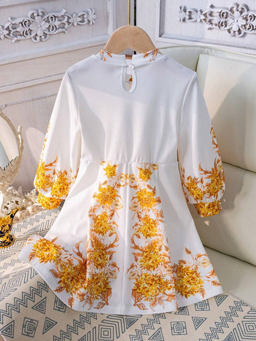 Girls' Stand Collar Lantern Sleeve Long Sleeve Dress With Waistband And Floral Print, Suitable For Festivals, Holidays, And Parties, Summer