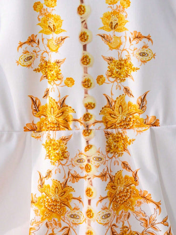 Girls' Stand Collar Lantern Sleeve Long Sleeve Dress With Waistband And Floral Print, Suitable For Festivals, Holidays, And Parties, Summer